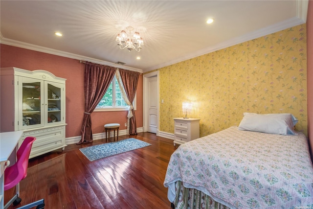 bedroom with a baseboard heating unit, dark hardwood / wood-style flooring, crown molding, and an inviting chandelier