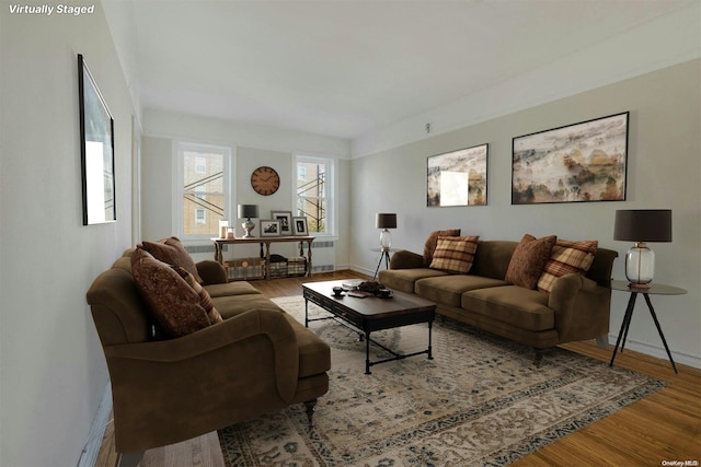 living room featuring radiator heating unit and hardwood / wood-style flooring