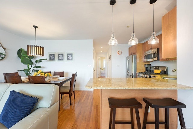 kitchen featuring sink, hanging light fixtures, stainless steel appliances, light hardwood / wood-style flooring, and kitchen peninsula