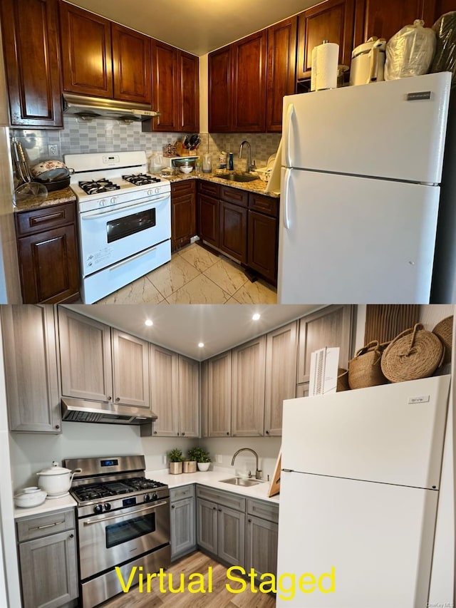 kitchen with a sink, under cabinet range hood, and white appliances