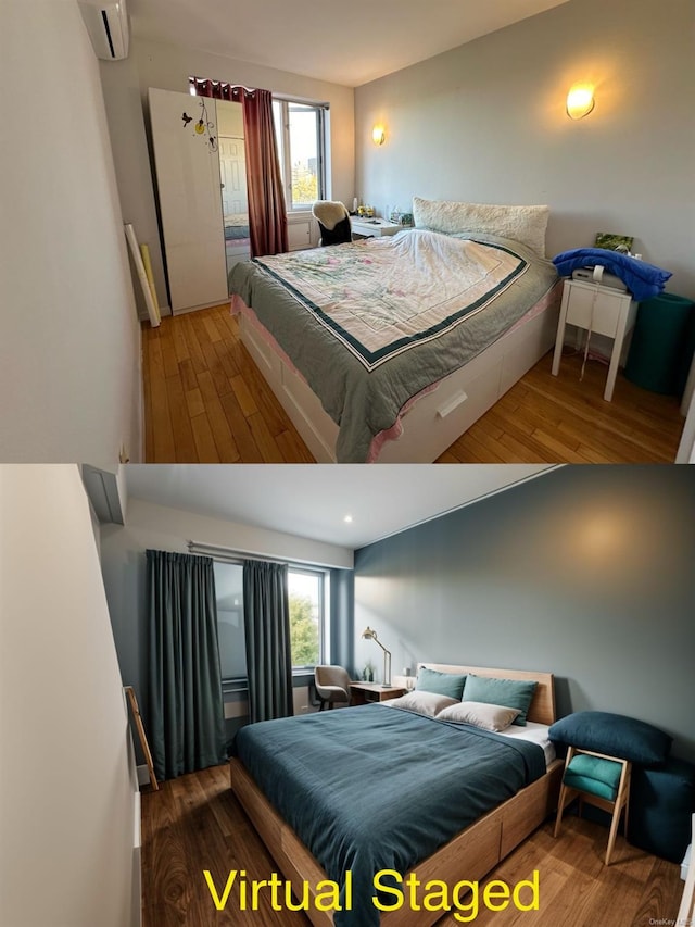 bedroom with an AC wall unit and wood finished floors
