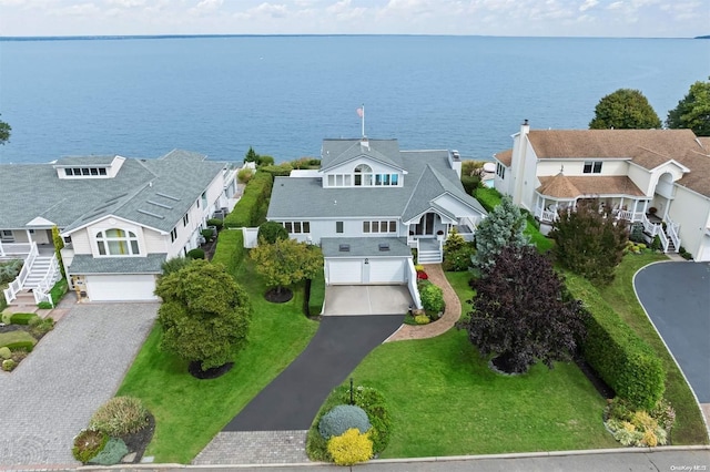 aerial view featuring a water view