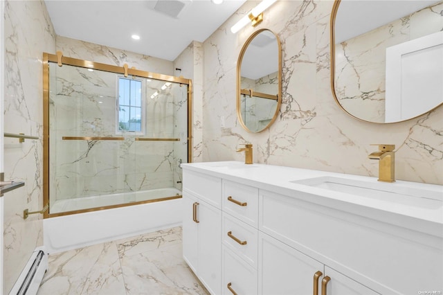 bathroom with vanity, enclosed tub / shower combo, and a baseboard radiator