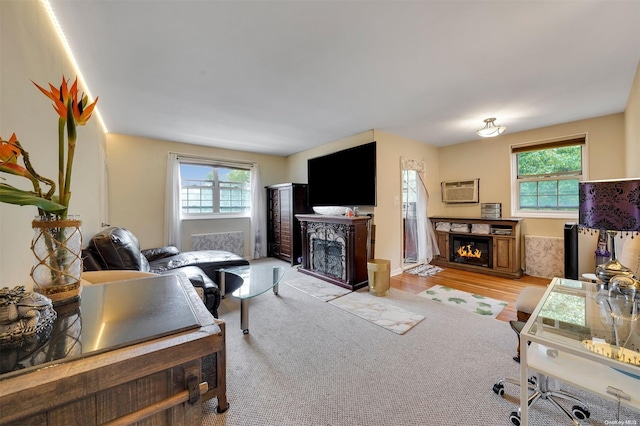 living room with an AC wall unit, plenty of natural light, and light hardwood / wood-style floors