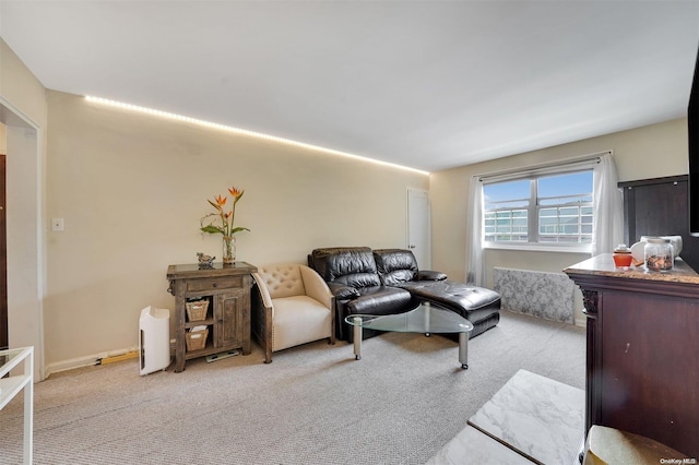 living room featuring light colored carpet