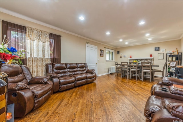 living room featuring plenty of natural light, wood-type flooring, and crown molding