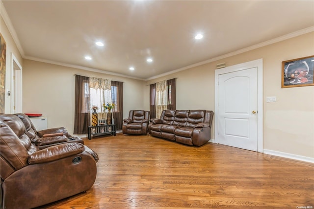 living room with crown molding and wood-type flooring