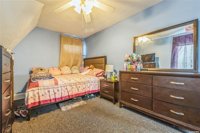 carpeted bedroom featuring ceiling fan and lofted ceiling