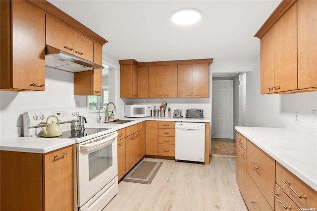 kitchen featuring sink, light hardwood / wood-style floors, and white appliances