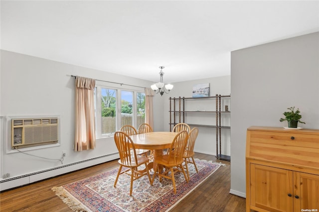 dining room featuring dark hardwood / wood-style floors, a baseboard radiator, a notable chandelier, and a wall unit AC