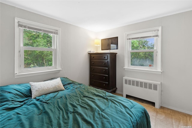 bedroom with radiator and carpet