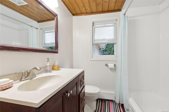 full bathroom featuring vanity, wooden ceiling, shower / tub combo, and toilet