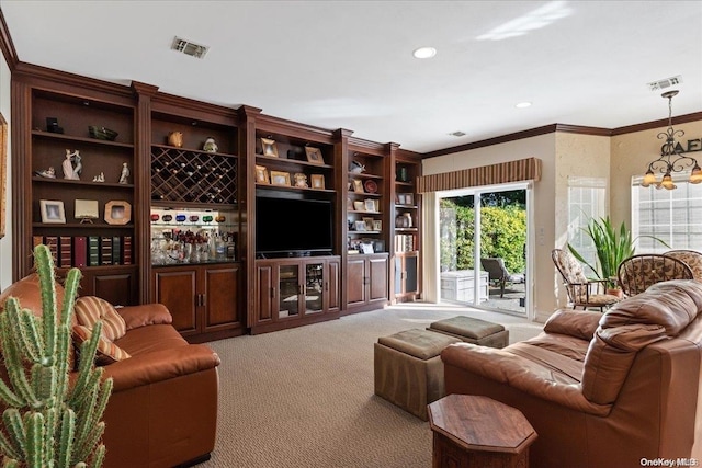 living room featuring light carpet, an inviting chandelier, and ornamental molding