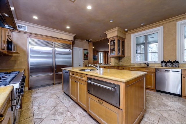 kitchen with sink, premium appliances, ornamental molding, and an island with sink