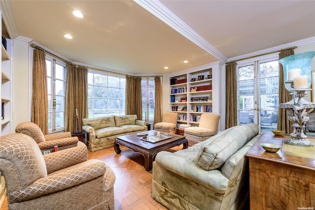 living room with ornamental molding, a wealth of natural light, and light parquet floors