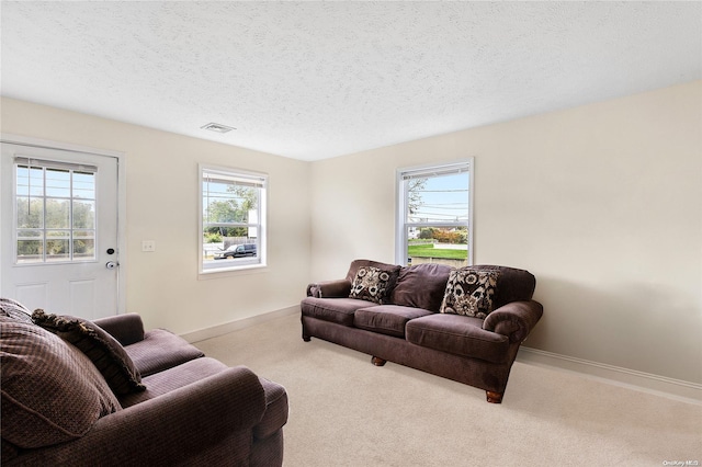 carpeted living room featuring a textured ceiling and a healthy amount of sunlight