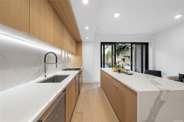 kitchen with backsplash, sink, light stone countertops, light wood-type flooring, and stainless steel appliances