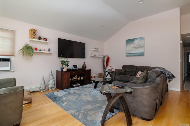 living room with wood-type flooring, a baseboard radiator, vaulted ceiling, and cooling unit