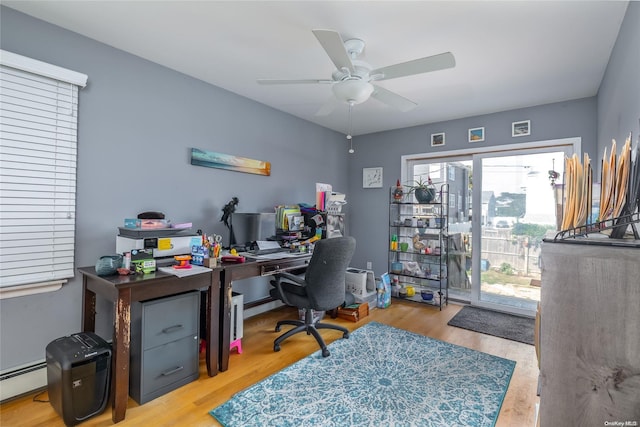 office area featuring ceiling fan, light hardwood / wood-style flooring, and a baseboard heating unit