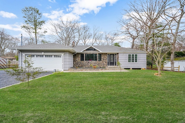 single story home featuring a front yard, an attached garage, a chimney, fence, and gravel driveway