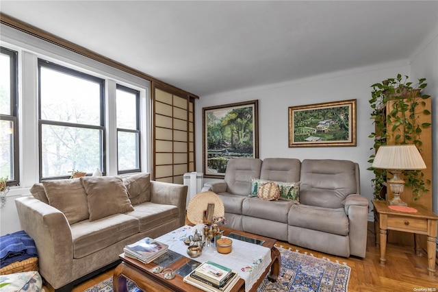 living room with light parquet flooring