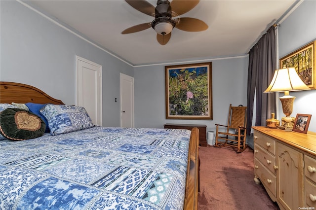 bedroom with carpet flooring, ceiling fan, and ornamental molding