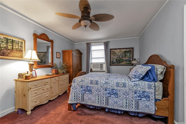 carpeted bedroom with ceiling fan and crown molding