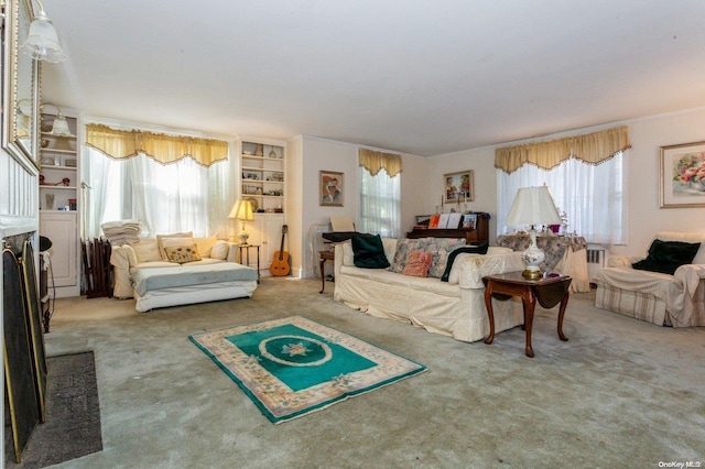 carpeted living room featuring a wealth of natural light, a fireplace, and radiator heating unit