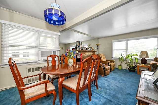 carpeted dining space with radiator, cooling unit, and crown molding