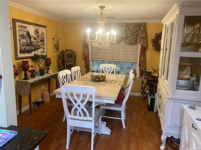 dining area featuring ornamental molding and dark wood-type flooring