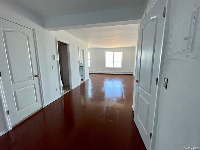 corridor with wood-type flooring and electric panel