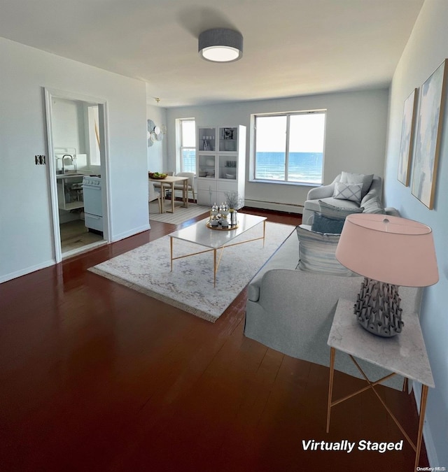 living room featuring a water view, a baseboard heating unit, and hardwood / wood-style flooring