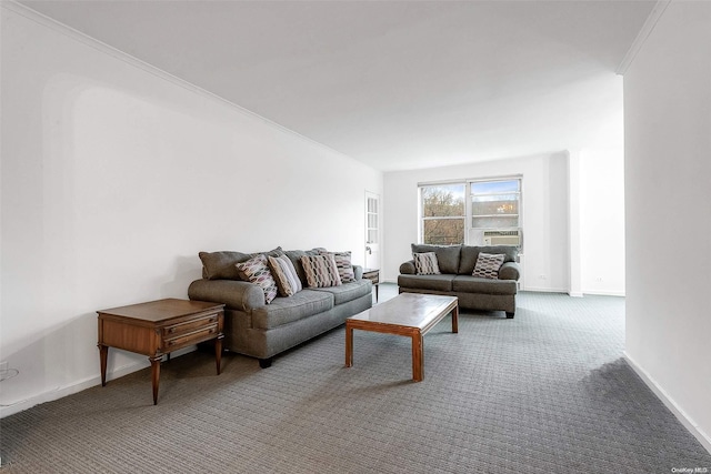 carpeted living room featuring crown molding