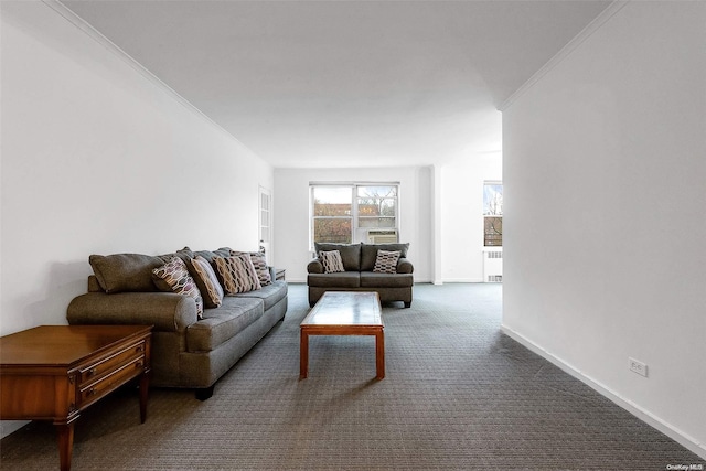 living room with carpet flooring, crown molding, and radiator heating unit