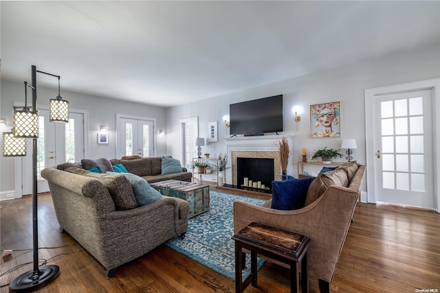 living room with dark hardwood / wood-style flooring and french doors