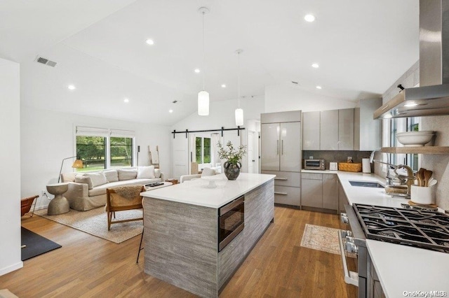 kitchen featuring lofted ceiling, extractor fan, appliances with stainless steel finishes, and light hardwood / wood-style flooring