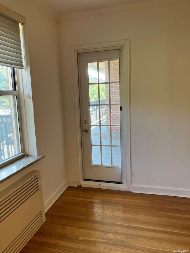 doorway to outside with crown molding, wood finished floors, baseboards, and plenty of natural light