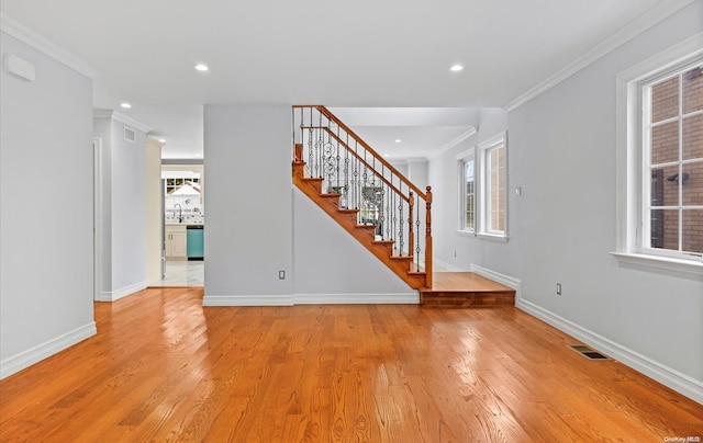 interior space featuring light hardwood / wood-style floors, crown molding, a healthy amount of sunlight, and sink