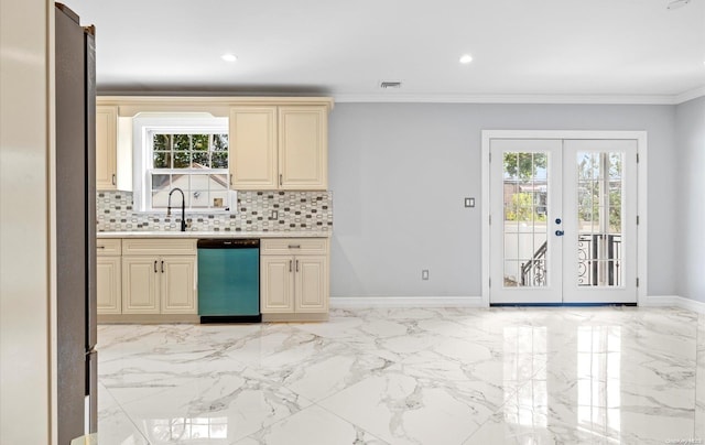 kitchen featuring appliances with stainless steel finishes, backsplash, french doors, ornamental molding, and sink