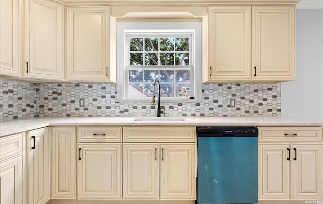 kitchen featuring tasteful backsplash, sink, stainless steel dishwasher, and cream cabinetry