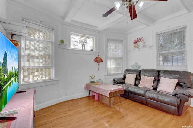 living room with beam ceiling, ceiling fan, and light hardwood / wood-style floors