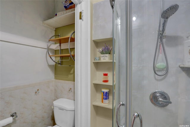 bathroom with walk in shower, tile walls, and toilet