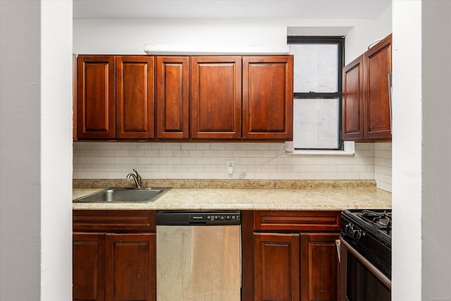 kitchen with decorative backsplash, black gas range, stainless steel dishwasher, and sink