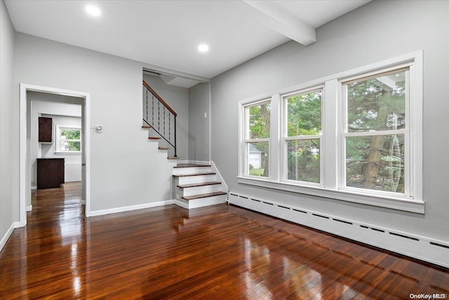 unfurnished living room with beam ceiling, dark hardwood / wood-style flooring, and a baseboard heating unit