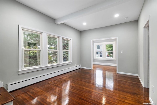 unfurnished room with beamed ceiling, dark wood-type flooring, a wealth of natural light, and a baseboard radiator