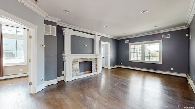 unfurnished living room with dark hardwood / wood-style flooring, plenty of natural light, and a baseboard radiator