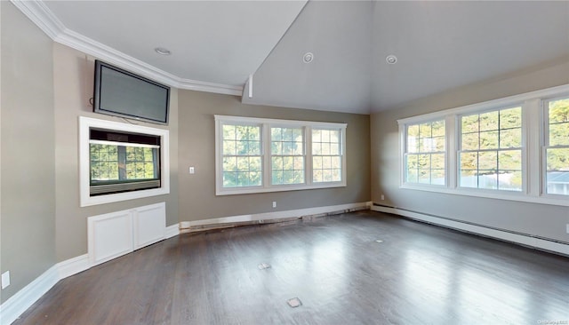 empty room with dark hardwood / wood-style floors, ornamental molding, baseboard heating, and high vaulted ceiling