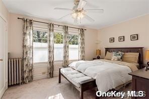 7523 Narrows Ave, Brooklyn, NY 11209 - bedroom featuring radiator heating unit, multiple windows, light colored carpet, and a ceiling fan