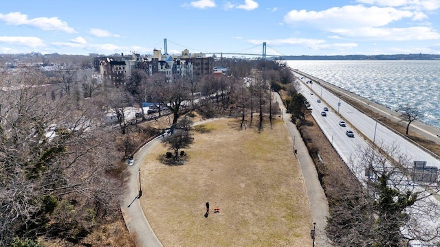 drone / aerial view featuring a water view