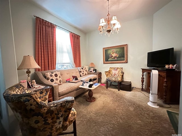 living room with a chandelier and lofted ceiling